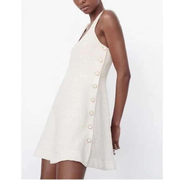 Zara Cream Mini Dress with Button Detail - Picture 1 of 9